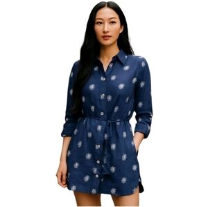 Umgee Dandelions Blue White Collared Button Down Belted Shirt Dress Size Small